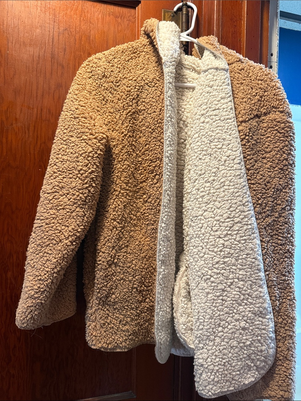 Source Unknown Two-Tone Sherpa Hoodie Cardigan - Tan and Cream